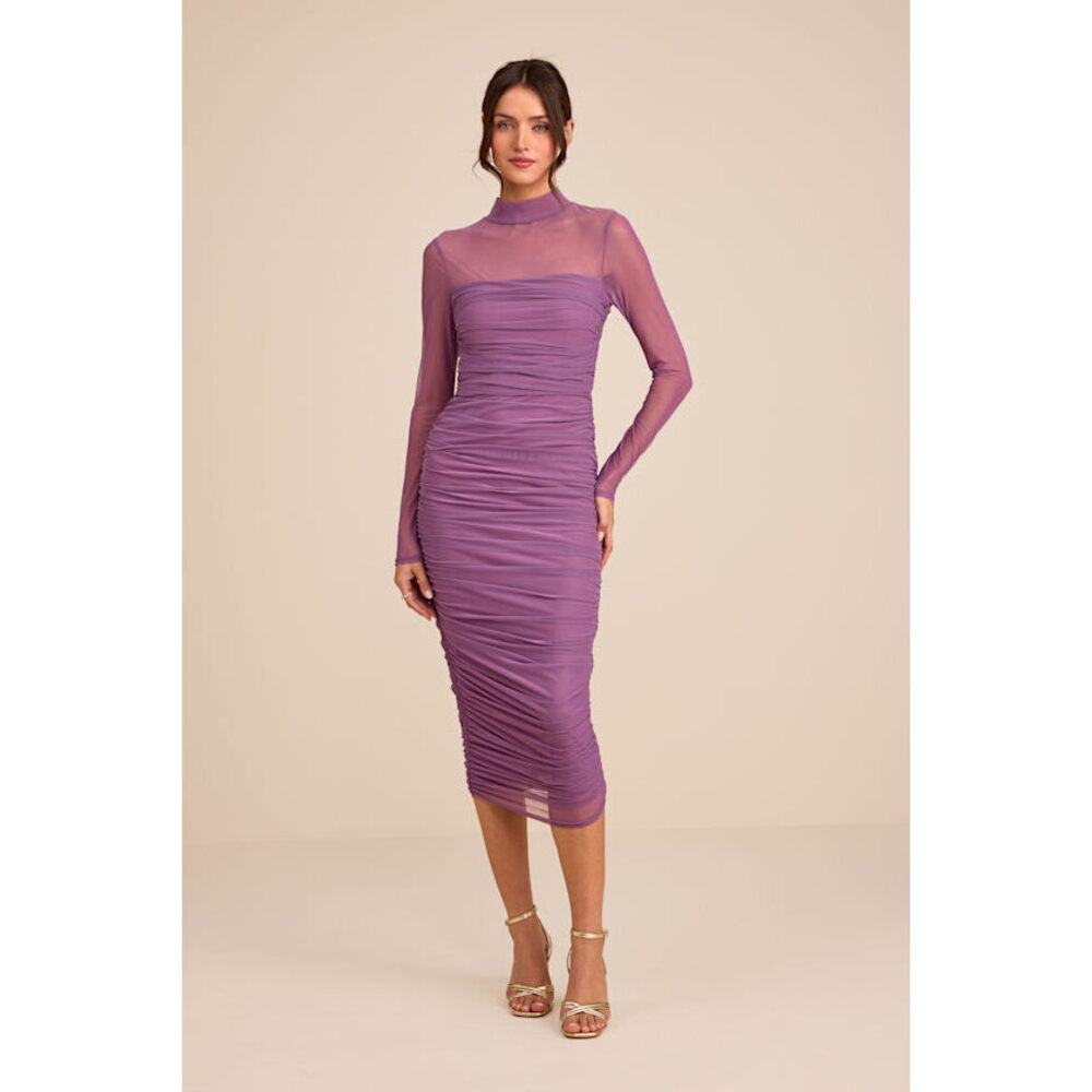 Lulus Impressive Flirt Dusty Purple Mesh Ruched Mock Neck Midi Dress - Size S